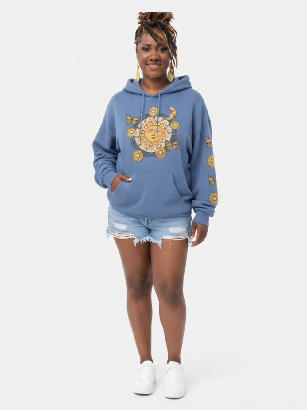 Blue Sun & Moon Graphic Pullover Hoodie